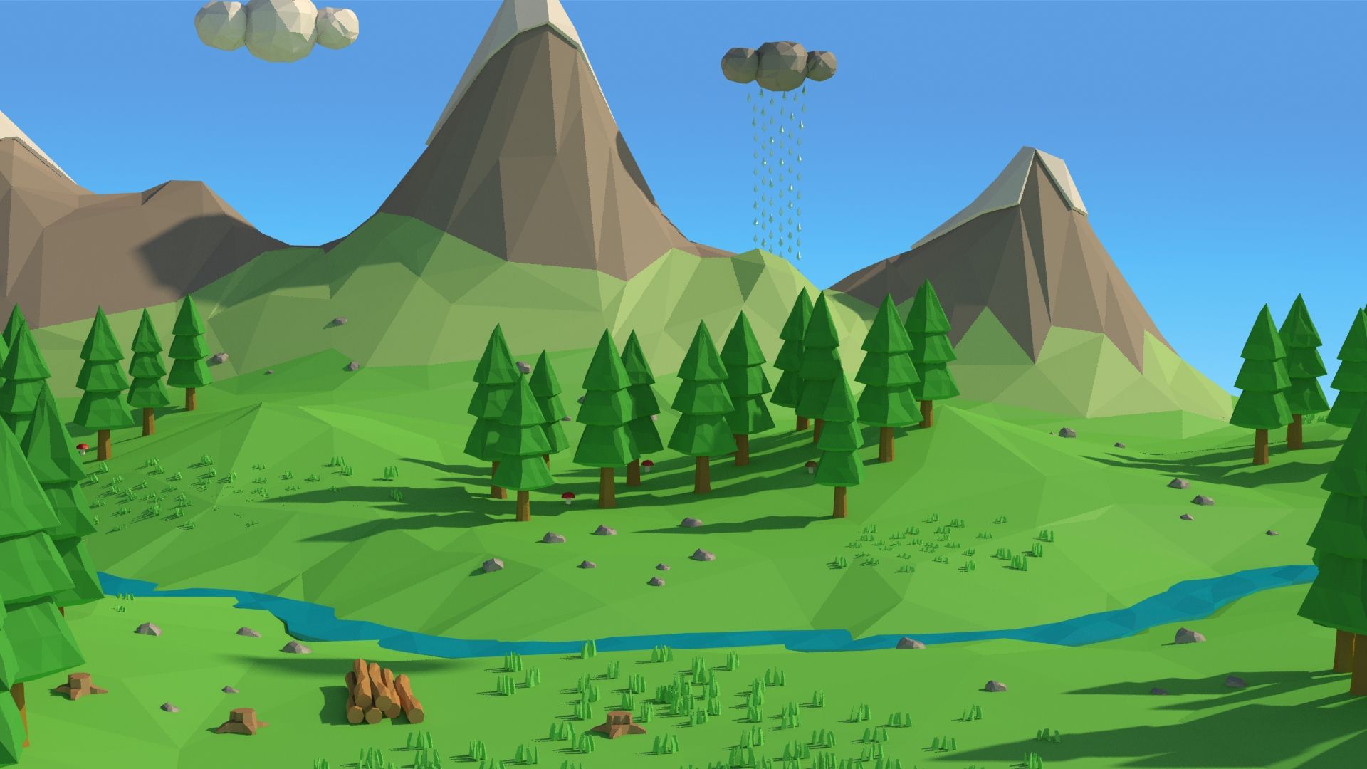 Cartoon low poly landscape scene 3d model