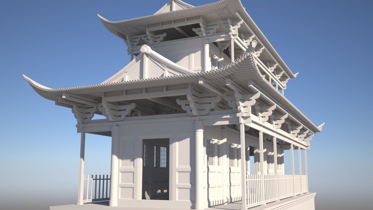 Chinese tempel op brug 3d model