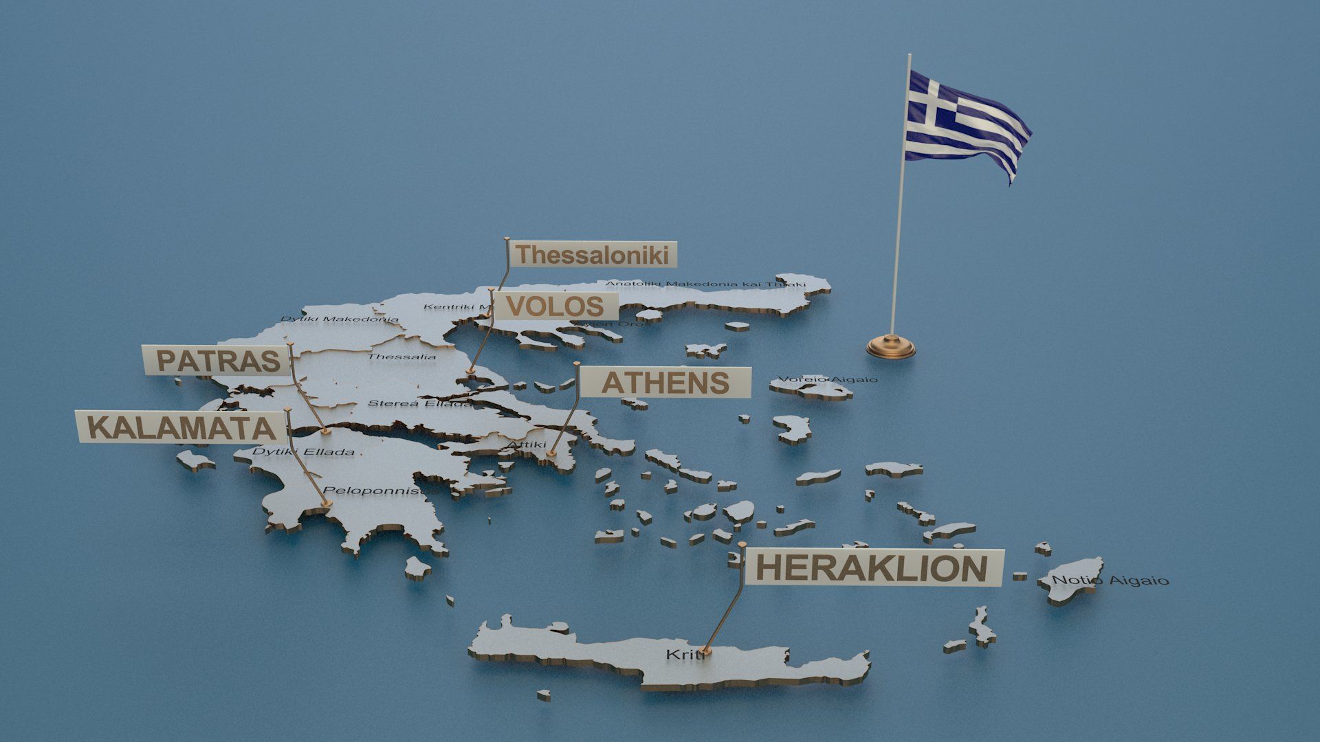 Mapa detallado de Grecia y bandera modelo 3d