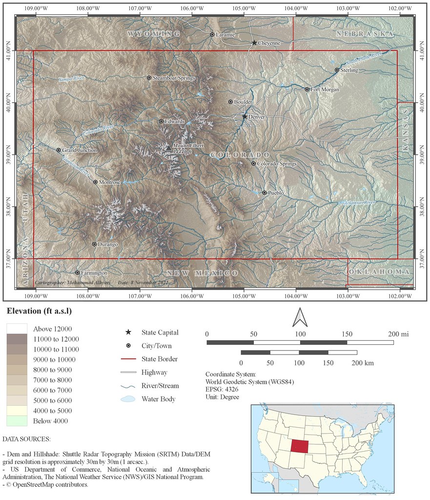 Topographic map of Colorado State/USA.