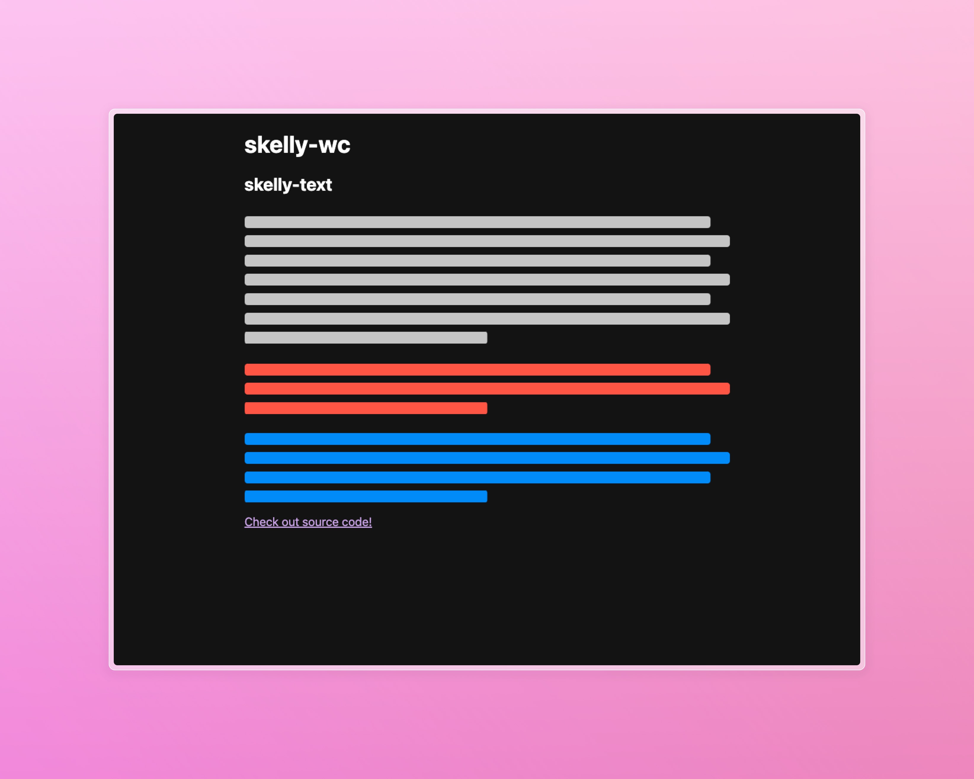 skelly-wc demo showing 7 gray lines, three red lines, and 4 blue lines pretending to be paragraphs