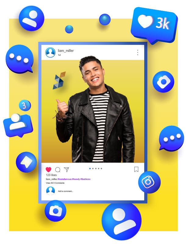 Buy Instagram followers style social media post featuring a young man in a leather jacket, smiling and giving a thumbs-up gesture.