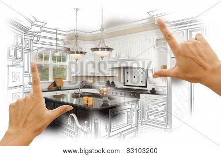 Female Hands Framing Custom Kitchen Design Drawing and Photo Combination.