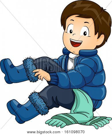 Illustration of a Little Boy Putting on a Set of Winter Clothing One by One