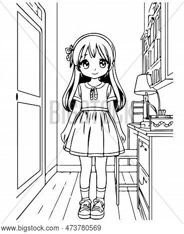 Girl In Her Room With Cute Interior. Anime Girl Smiling, Vector Coloring For Children