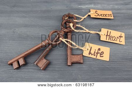 Keys to happiness, Conceptual photo. On color wooden background