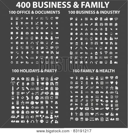 400 business, family, holidays, health, industry, office, travel, vacation, social media isolated flat icons, signs, symbols illustrations, images, silhouettes on background, vector