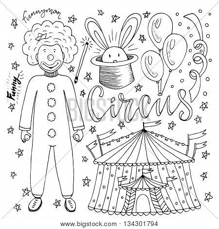 Hand drawn Circus collection with clown balloon circus tent and magic rabbit. Coloring book page for kids