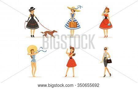 Beautiful Young Women Dressed Retro Style Fashion Clothes Collection Vector Illustration