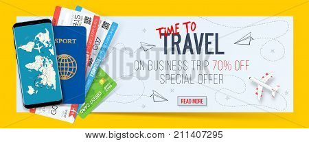 Special offer on business Travel. Business trip banner. Passport with tickets smartphone and credit card. Air travel concept. Business travel illustration. 70% off.