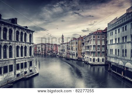 Beautiful Venice cityscape, vintage style photo of a gorgeous water canal, traditional Venetian street, romantic vacation to  Italy, fine art photo