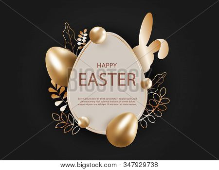 3d easter background holiday. 3d realistic goldr eggs, bunny holiday. Christ is risen. Vector holiday illustration of gold easter eggs for easter. Christian symbols of religion. Happy Easter holiday, bunny holiday, background holiday. Copy space text area