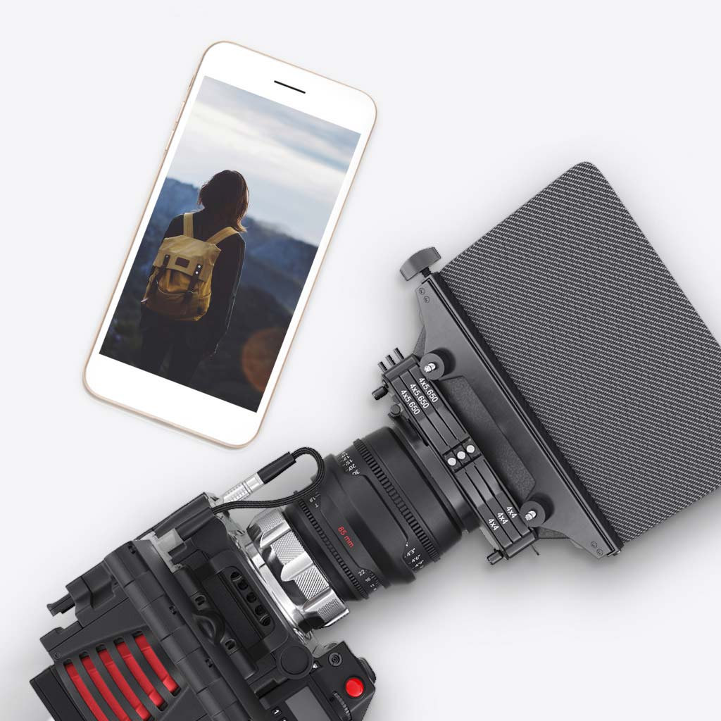 A phone and a large camera with red accents on a white background. The phone displays the back of a girls head as she looks out onto wild landscape.